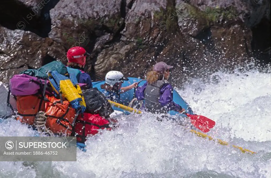 RAFTING down CLAVEYS RAPID, a class 5, on the wild & scenic TOULOMNE RIVER - SIERRA NEVADA, CALIFORNIA (MR)