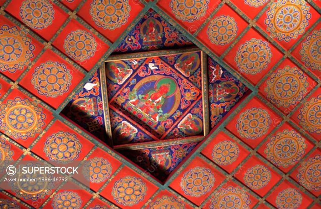 Detail of CIELING in Main Chamber of the JOKHANG, TIBET'S holiest temple built in the 7th century by SONGTSEN GAMPO - LHASA, TIBET