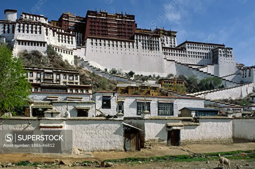 The POTALA PALACE was built by the 5th DALAI LAMA starting in 1645 AD with completion in 1694 after his death - LHASA, TIBET