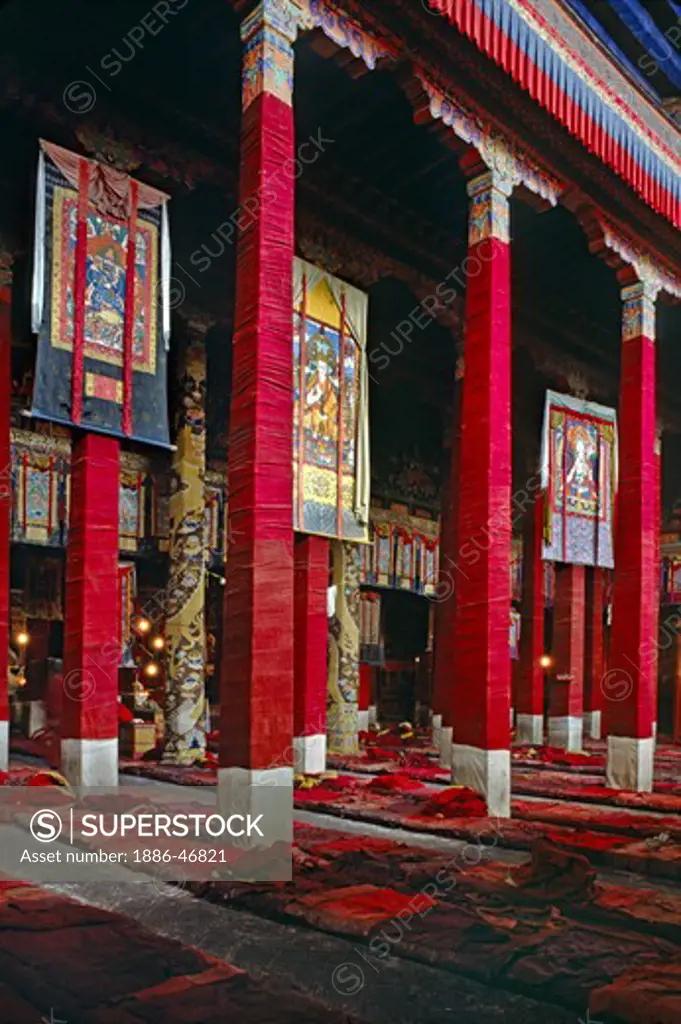 The MAIN ASSEMBLY HALL at DREPUNG MONASTERY founded in 1416 by JAMYANG CHOJE TASHI PELDEN - LHASA, TIBET