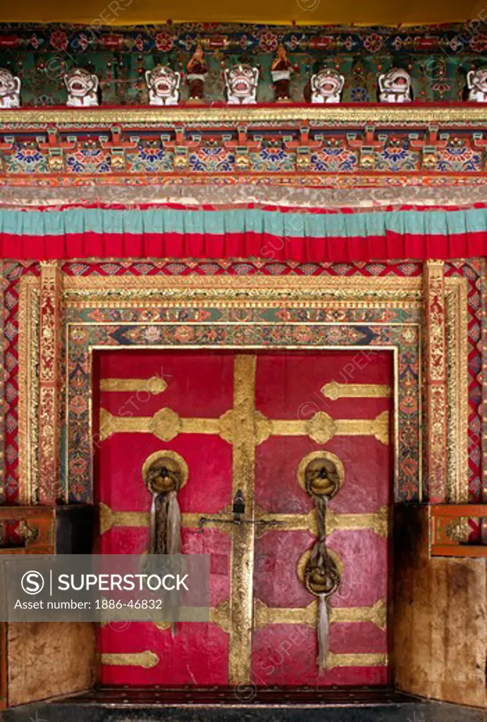 Beautifully constructed DOORWAY of THE ASSEMBLY HALL known as TSOG-CHEN at SERA MONASTERY - LHASA, TIBET