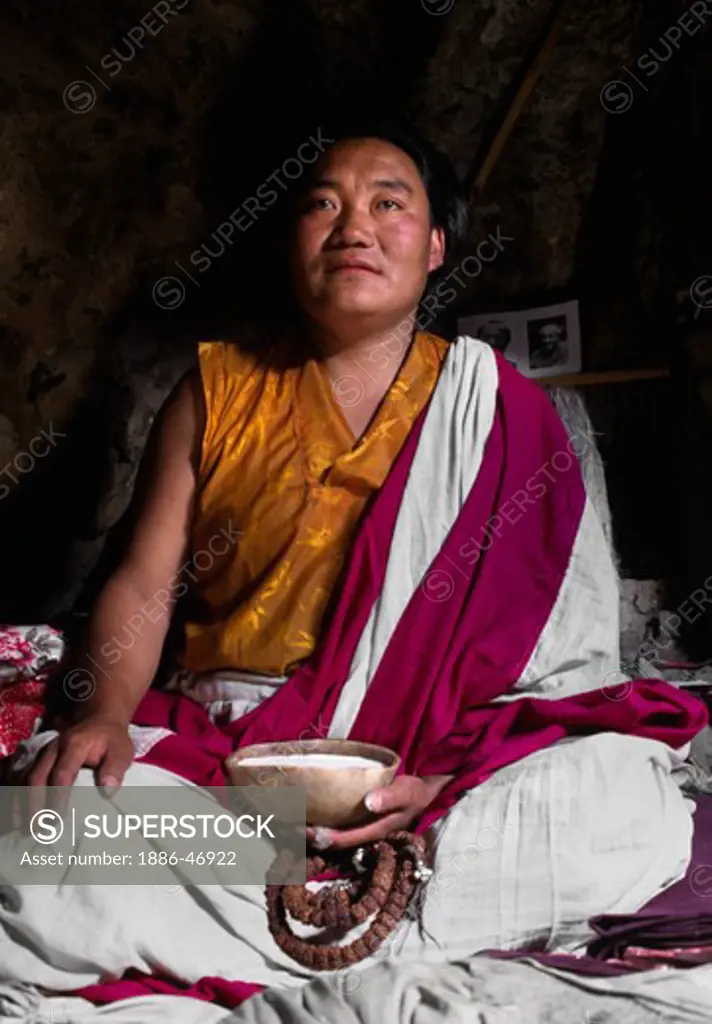 LUNDUP DORJE the LAMA KHARPO or White Robed Monk has been meditating in caves for 18 years - TERDROM NUNNERY, CENTRAL, TIBET