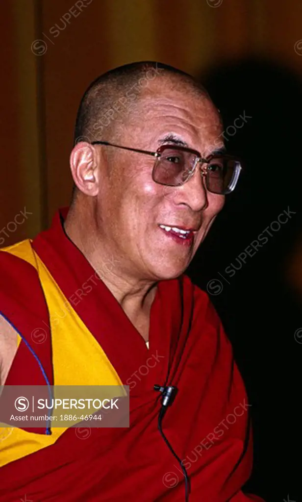 THE 14TH DALAI LAMA of TIBET speaks in Santa Cruz one day after he received the NOBEL PEACE PRIZE in 1989