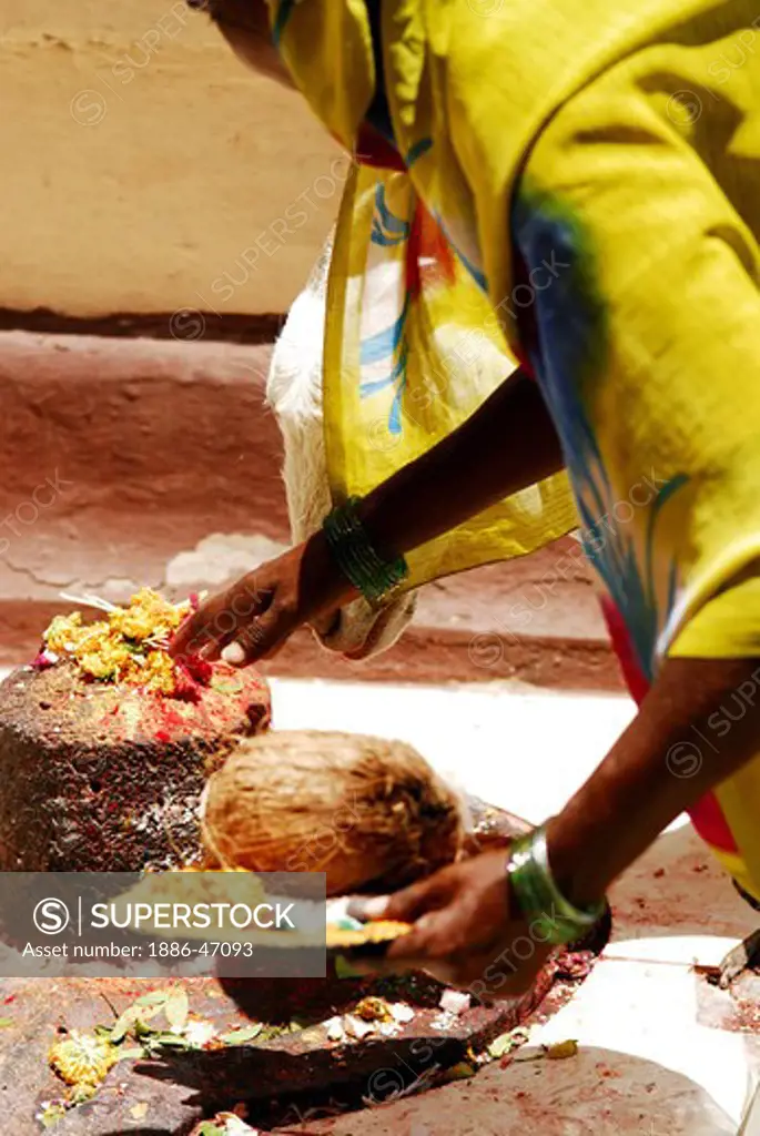 One Indian devotee at Shivaling Ambajogai temple  Parbhani district at Beed, Maharashtra, India