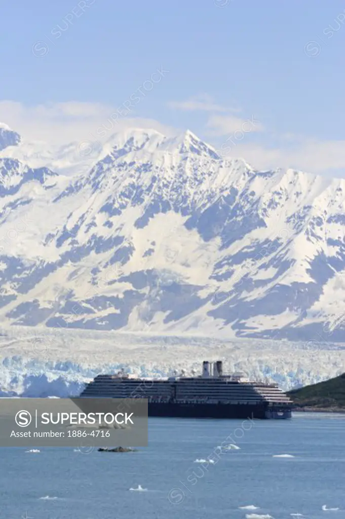 Oosterdam cruise ship in front of Hubbard glacier and Saint Elias mountain; The longest tidewater glacier in Alaska ; Saint Elias  national park ; Disenchantment bay ; Alaska ; U.S.A. United States of America 