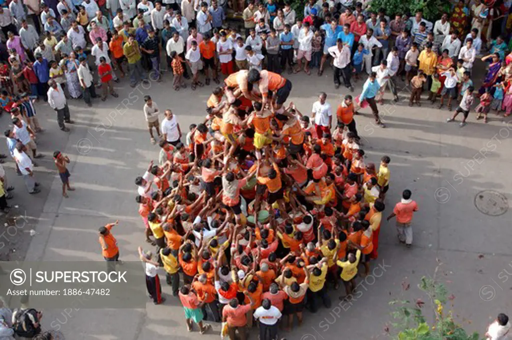 Dahi Hundie ; Human Pyramid ; Janmashtami janmashtami gokul ashtami govinda Festival ; Bombay Mumbai ; maharashtra ; india  NO MR ;NO PR