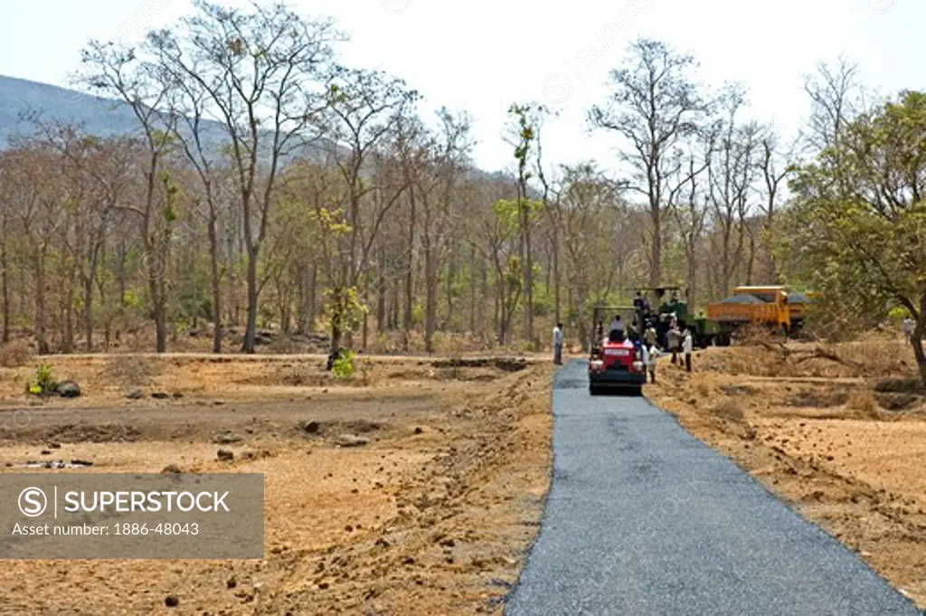 Tar bitumen road under construction in remote village in Thane district near Mumbai Bombay ; Maharashtra ; India