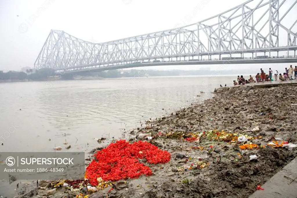 Pollution on Babu ghat Howrah bridge over Hooghly river in background ; Calcutta now Kolkata ; West Bengal ; India