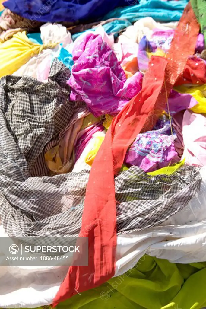 Rags cloths different color variety ; village Dilwara ; Udaipur ; Rajasthan ; India