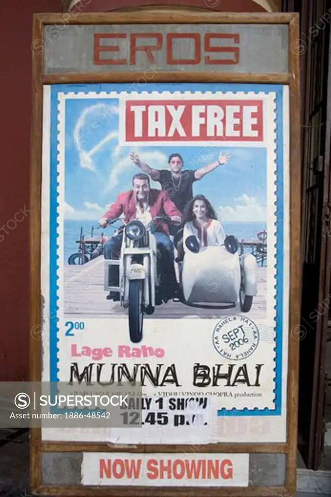 Lage Raho Munna Bhai Hindi film poster showing tax free featuring Gandhi philosophy in modern context Eros theater ; Bombay Mumbai ; Maharashtra ; India NO MR