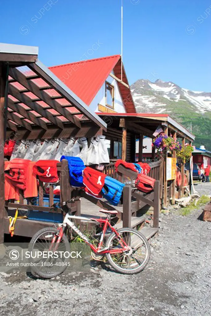 Bicycle near souvenir shop ; Whittier ; Alaska ;  U.S.A. United States of America