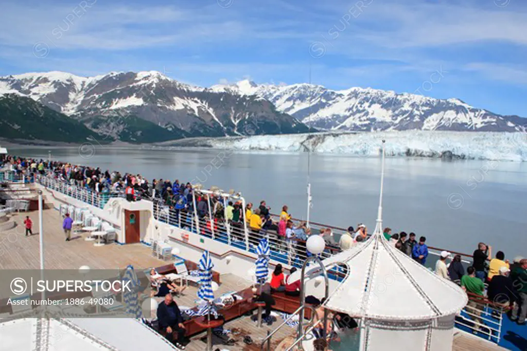 From cruise ship deck tourist watching Hubbard glacier and Saint Elias mountain; the longest tidewater glacier in Alaska; Saint Elias  national park ; disenchantment bay ; Alaska ; U.S.A. United States of America