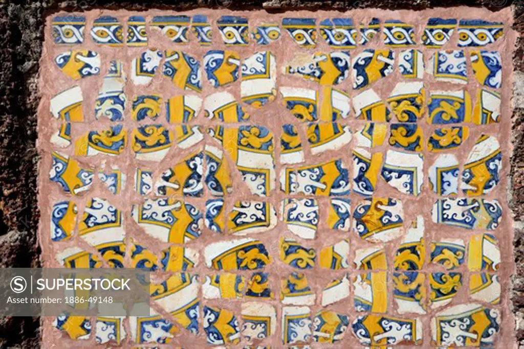 Azulejos type of tinglazed ;  Ceramic tiles used in the church of St. Augustine ; Portuguese architecture ; Ornamental art ; Unesco world heritage site ; Old Goa ; Velha Goa ; India