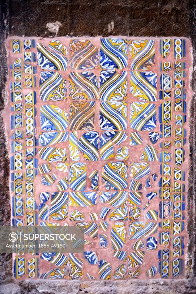 Azulejos type of tinglazed ;  Ceramic tiles used in the church of St. Augustine ; Portuguese architecture ; Ornamental art ; Unesco world heritage site ; Old Goa ; Velha Goa ; India