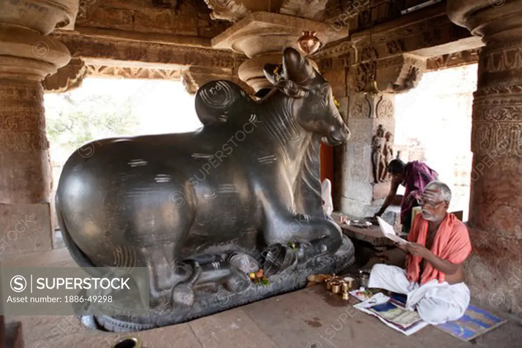 Sculpture Of Nandi Shrine ; Virupaksha Temple ; Pattadakal ; UNESCO World Heritage Site ; Stone Carving ; Chalukya ; Built In 800 A.D.; District Bagalkot ; Deccan Plateau ; State Karnataka ; India