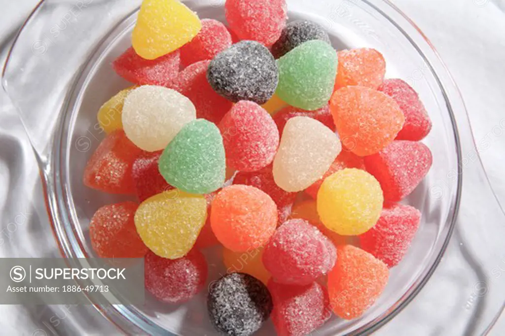 Assortment of American Hard Gums arrangement in transparent tray ; sugar coated colourful soft jelly sweets