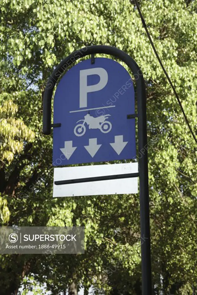 Sign board for parking motor cycles ; Panjim ; Panji ; Goa ; India