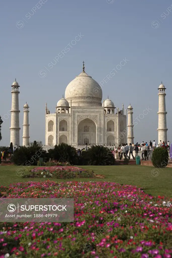 View of Taj Mahal with garden Seventh Wonders of World on the south bank of Yamuna river ; Agra ; Uttar Pradesh ; India UNESCO World Heritage Site