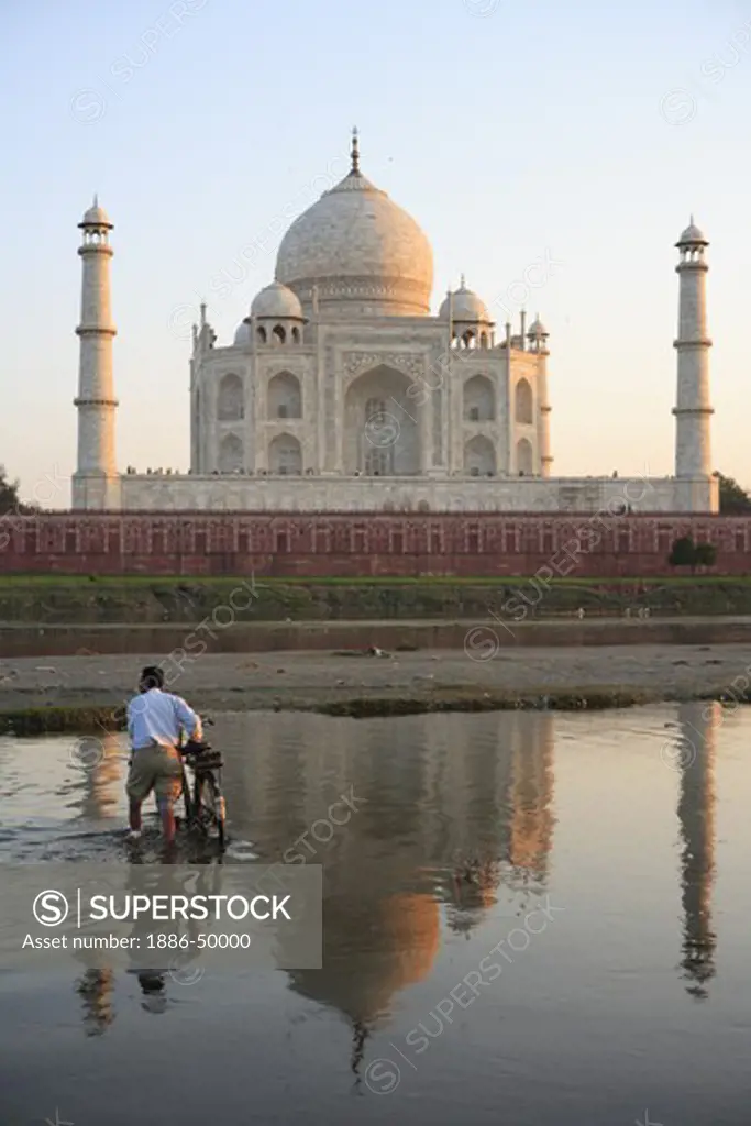 Man carrying bicycle in Yamuna river and reflection of Taj Mahal Seventh Wonders of World ; Agra ; Uttar Pradesh ; India UNESCO World Heritage Site