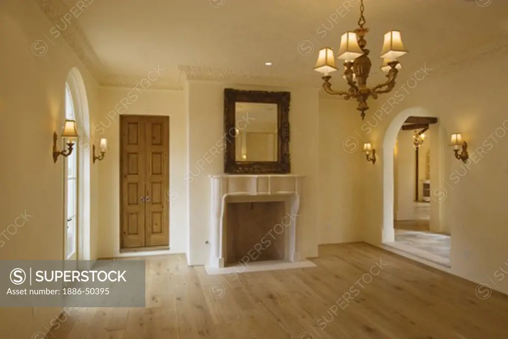 Formal DINING ROOM with fireplace, hardwood floors and interior lighting - CALIFORNIA LUXURY HOME