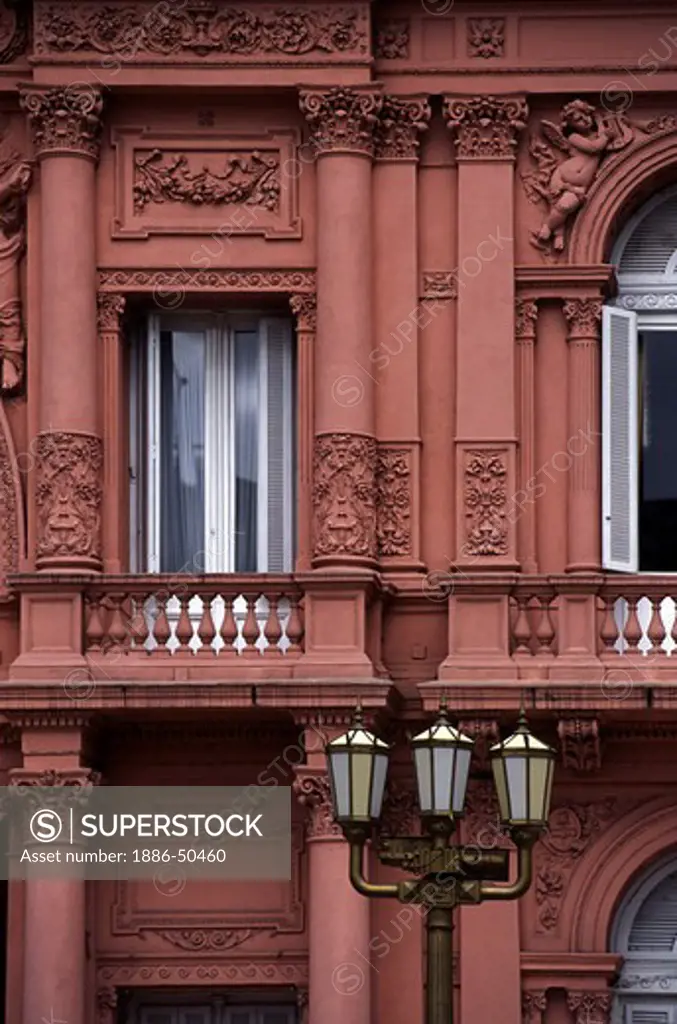 Intricate architectural facade of the CASA ROSADA or PRESIDENTIAL PALACE on PLAZA DE MAYO - BUENOS AIRES, ARGENTINA