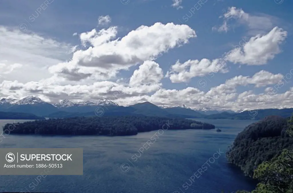 ANDES MNTS & ISLAND in NAHUEL HUAPI LAKE in LOS ARRAYANES NATIONAL PARK near BARILOCHE- ARGENTINA
