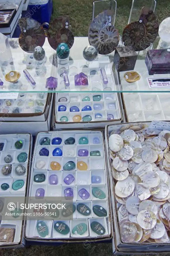 Semi precious stones & petrified shells are offered for sale at the Big Sur Jade Festival - BIG SUR, CALIFORNIA