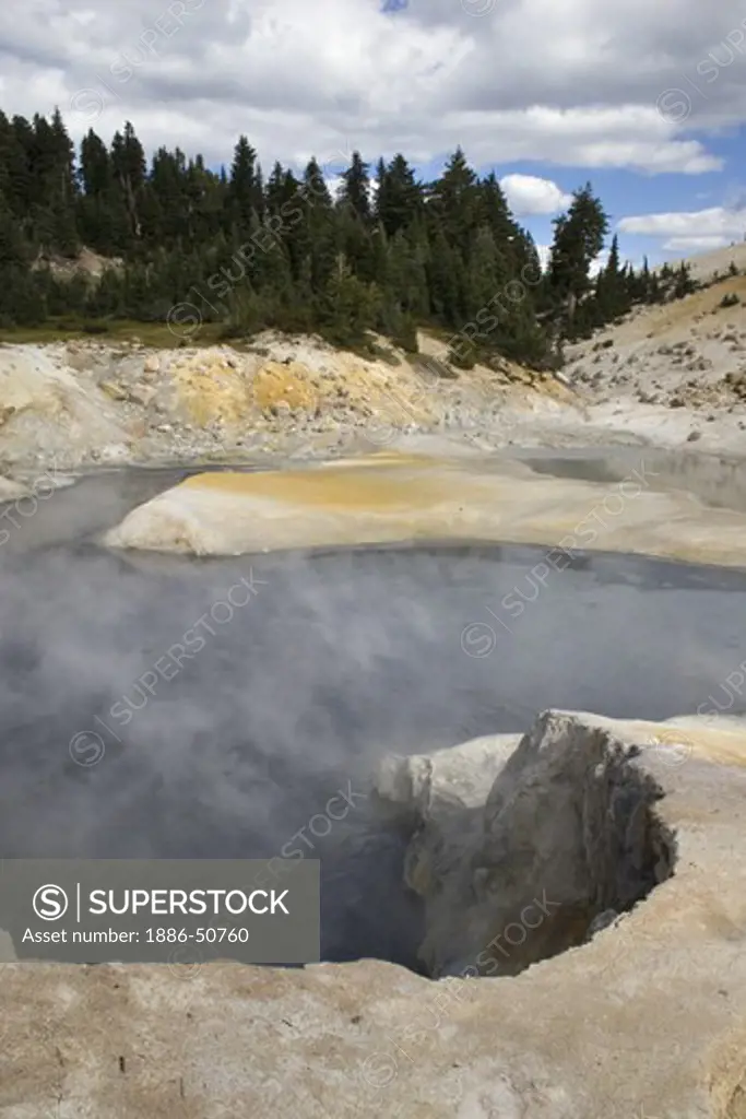 Geothermal activity creates steam at the hot sulfur pools  of BUMPASS HELL in LASSEN NATIONAL PARK -  CALIFORNIA