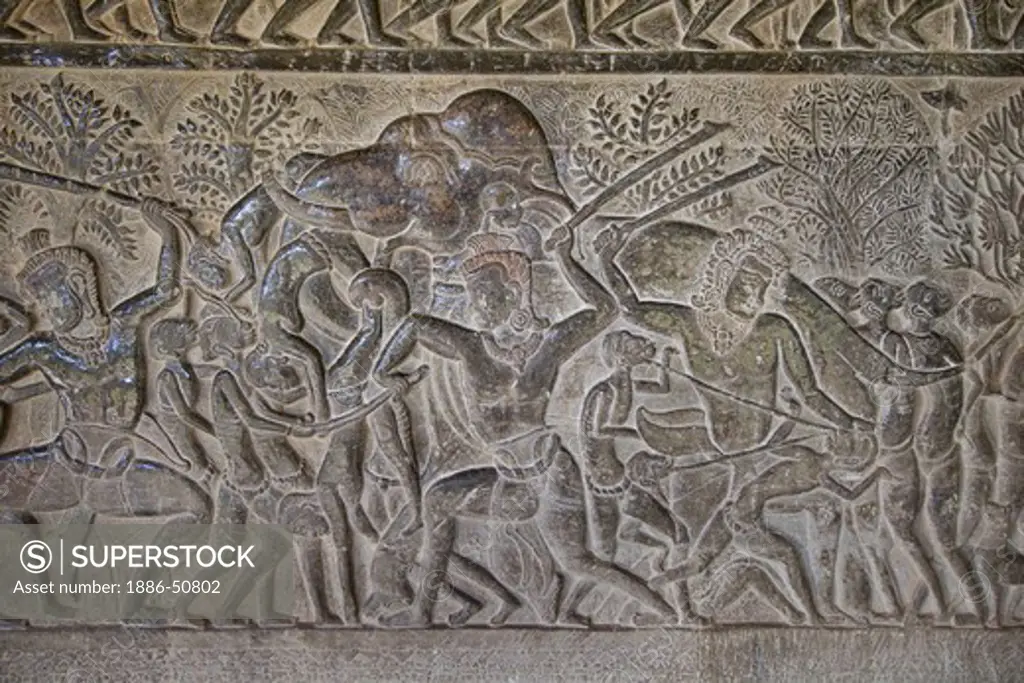Stone carved bas relief (Northern pavilion of Western Gallery) of the battle of Lanka from the Ramayana at Angkor Wat  -  Cambodia