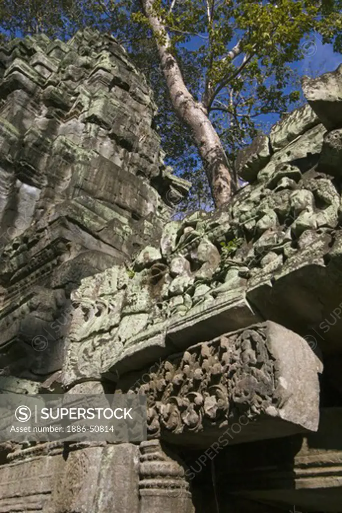 A stone carved bas relief lentil of Hindu deities at Ta Prohm, built by Jayavarman VII, part of Angkor - Siem Reap, Cambodia