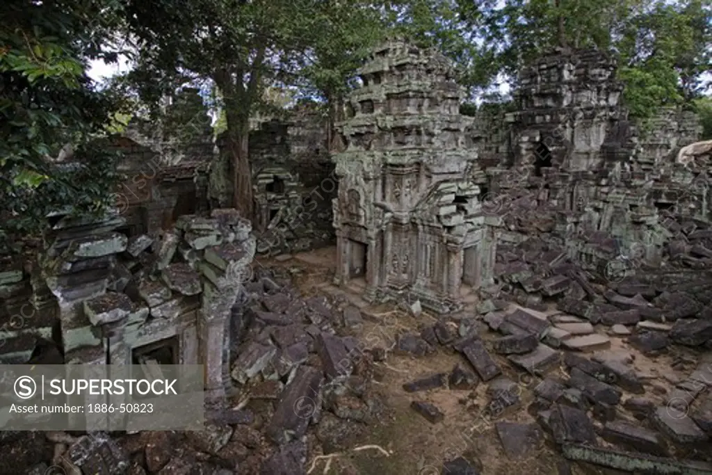 Stone carved temples in the Bayon style at Ta Prohm, built by Jayavarman VII in the 12th & 13th centuries, are part of the  Angkor Wat temple complex - Siem Reap, Cambodia