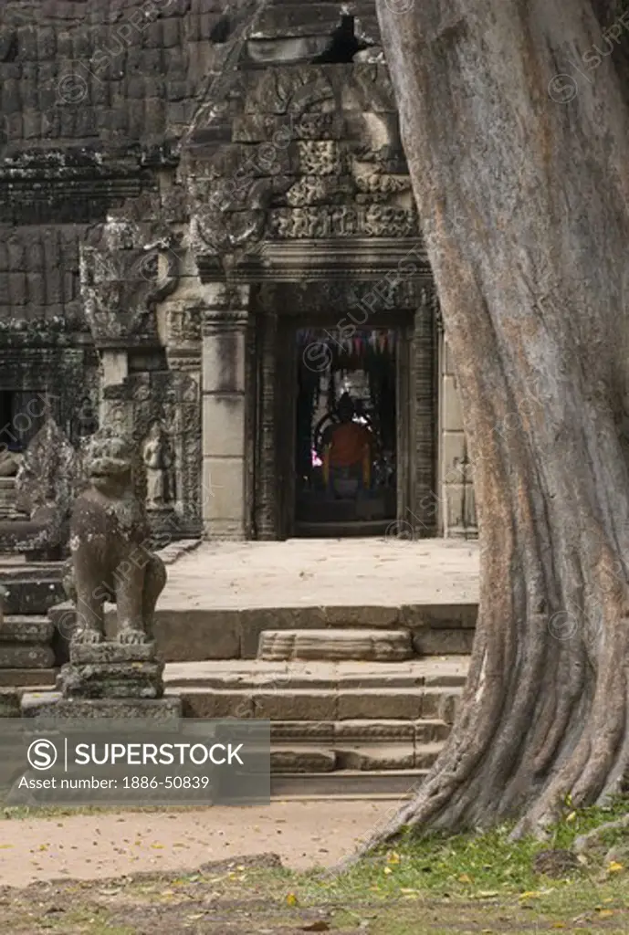 Entry gopura with Buddha statue at the Khmer ruins of Ta Prohm, built by Jayavarman VII, part of Angkor Wat - Siem Reap, Cambodia