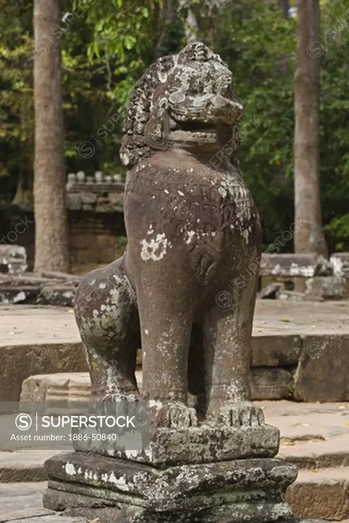 Stone carved lion at Banteay Kdei, built by Jayavarman VII in the Bayon style, part of Angkor Wat - Siem Reap, Cambodia