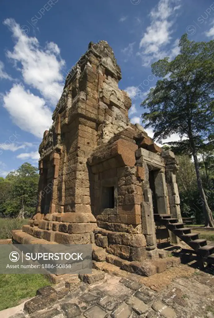 Suor Prat Towers built of laterite (lava rock) and sandstone opposite the Elephant Terrace  on the east side of the Royal Square at Angkor Wat - Siem Reap, Cambodia