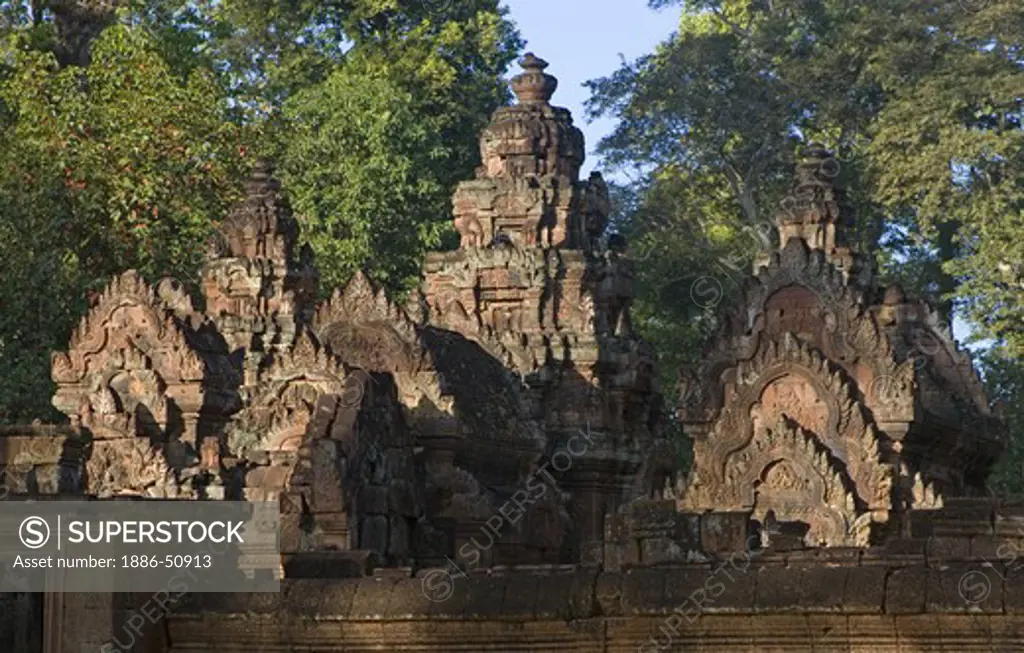 Hindu temples in the inner enclosure of Banteay Srei  in red sandstone at sunrise, 10th century Khmer architecture at Angkor Wat -  Siem Reap, Cambodia