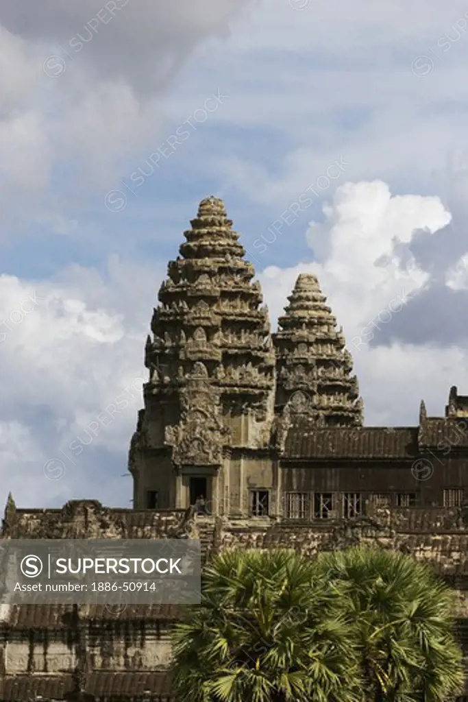 Stone temples representing two of the five peaks of Mount Meru at Angkor Wat, built in the 11th century by Suryavarman the 2nd,  -  Cambodia