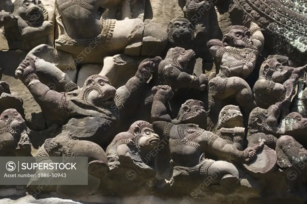 Bas relief of Hindu mythology with monkey army at  East Mebon, built by Rajendravarman in the10th century - Angkor Wat, Siem Reap, Cambodia