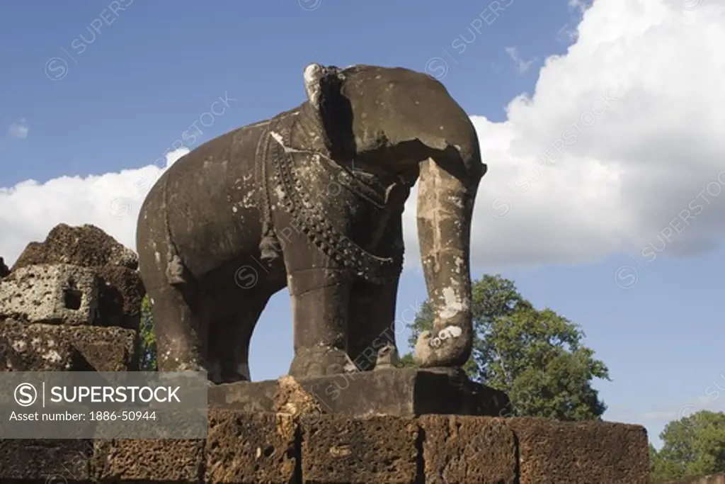 Sandstone elephant on the second level at East Mebon, built by Rajendravarman in the10th century - Angkor Wat, Siem Reap, Cambodia