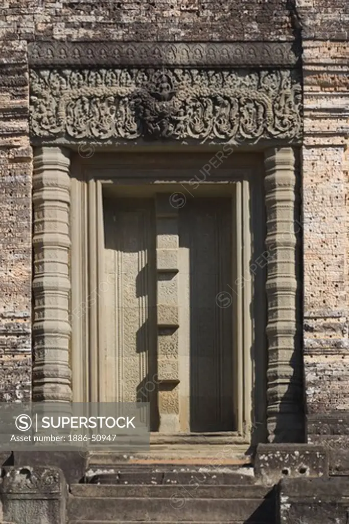 Blind door, colonettes & lintel of Hindu temple at East Mebon, built by Rajendravarman in the10th century - Angkor Wat, Siem Reap, Cambodia
