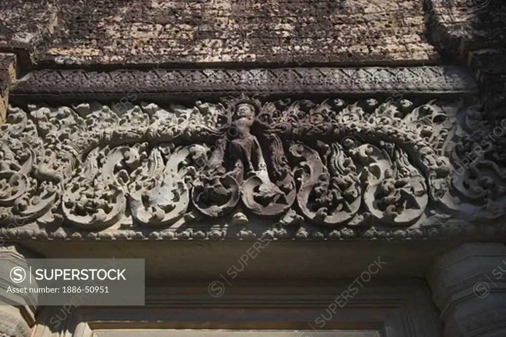 Bas relief lentil on a Hindu temple at East Mebon, built by Rajendravarman in the10th century - Angkor Wat, Siem Reap, Cambodia