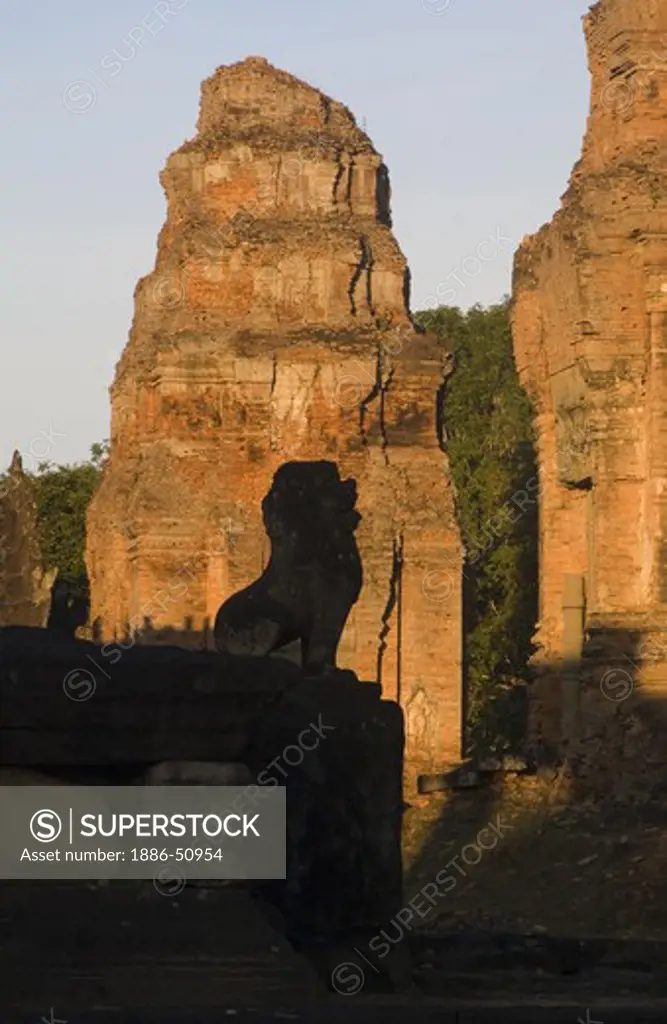 Lion & tower at Bakong, the 9th century state Hindu temple of Indravarman I in the Roluos District of Angkor Wat - Cambodia