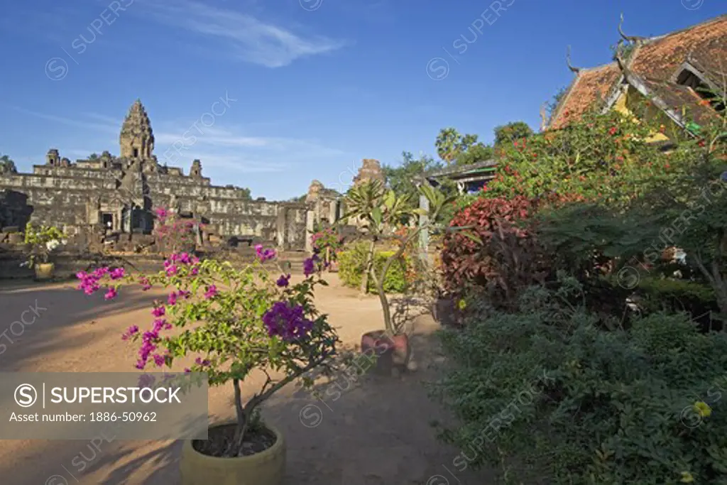 Modern Buddhist temple below Bakong, the 9th century state Hindu temple of Indravarman I in the Roluos District of Angkor Wat - Cambodia