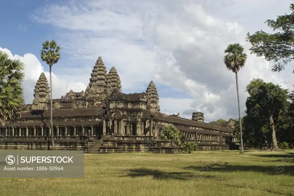 Stone temples representing the five peaks of Mount Meru at Angkor Wat, built in the 11th century by Suryavarman the 2nd,  -  Cambodia