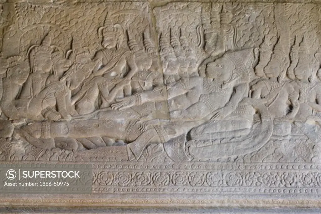 Stone carved bas relief of the death of Valin in the south west corner pavilion at Angkor Wat, built in the 11th century by Suryavarman the 2nd,  -  Cambodia