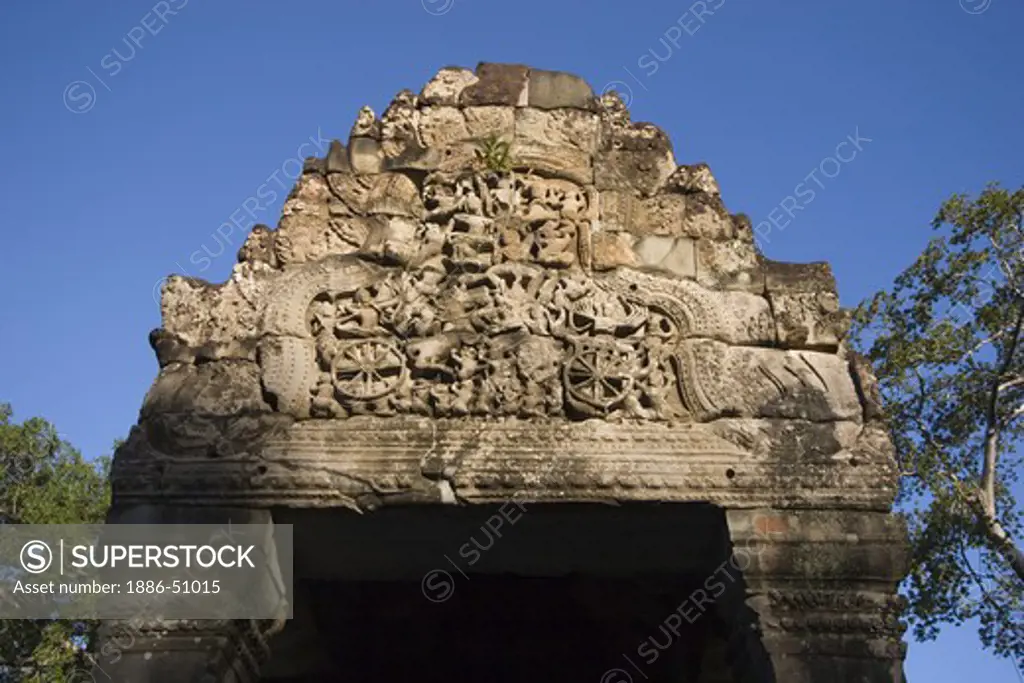 Battle scene on a Gopura at Preah Khan built by Jayavarman VII & VIII in the 12th & 13th centuries - Angkor Wat, Siem Reap, Cambodia