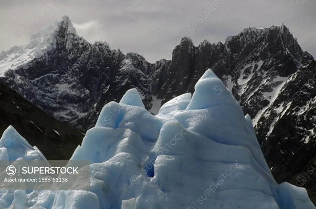 Fluted ICE SCULPTURES of the massive GREY GLACIER in TORRES DEL PAINE NATIONAL PARK - PATAGONIA, CHILE