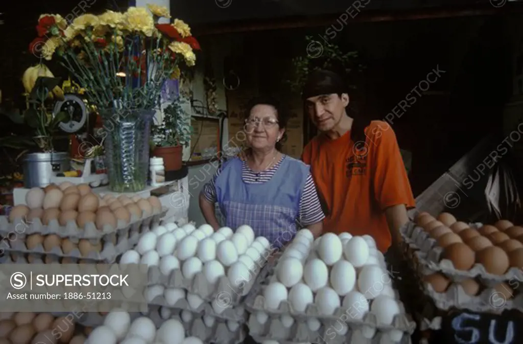 EGGS, produce and meat are offered for sale at the CENTRAL MARKET (MERCADO CENTRAL)  - SANTIAGO, CHILE