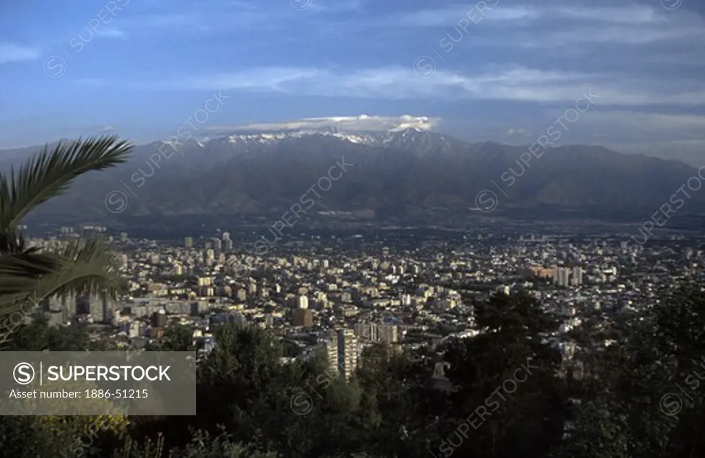 View of downtown SANTIAGO CHILE from the TELEFERICO (air tram) from CERRO SAN CRISTOBAL in BARRIO BELLAVISTA