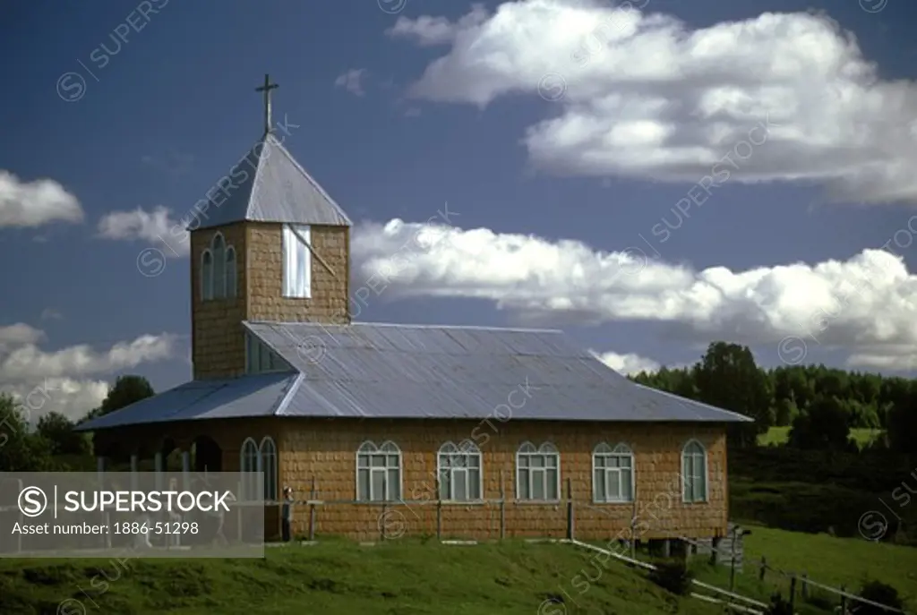 One of the historic WOODEN CHURCHES on pastoral CHILOE ISLAND - CHILE
