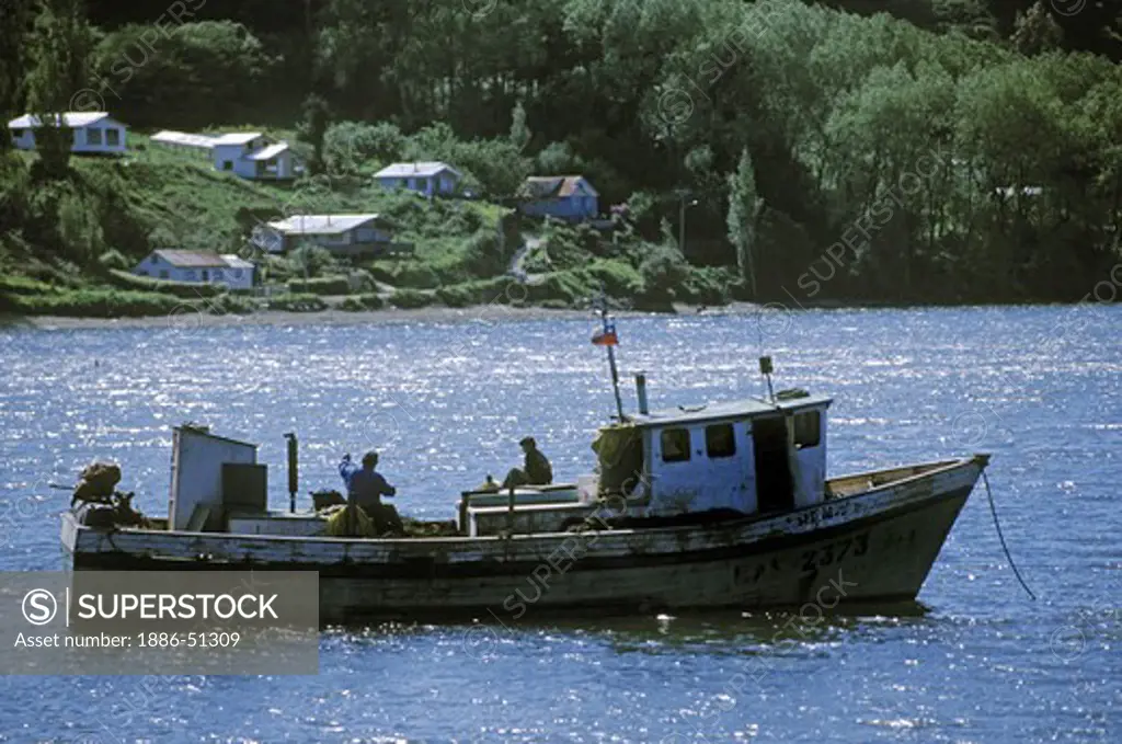FISHING BOATS and FISHERMAN in CASTRO BAY - CHILOE ISLAND, CHILE
